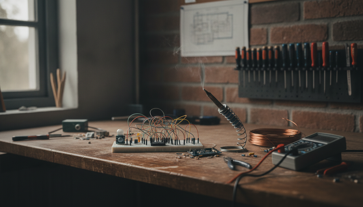 Elektronik-Arbeitsplatz mit Mikrocontroller-Platine, Steckbrett, Sensormodulen und Lötkolben bei Tageslicht