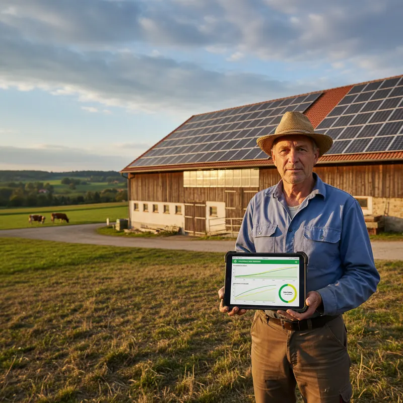 Landwirt vor Scheunendach mit Photovoltaik, Tablet mit Ertrags-Dashboard in der Hand