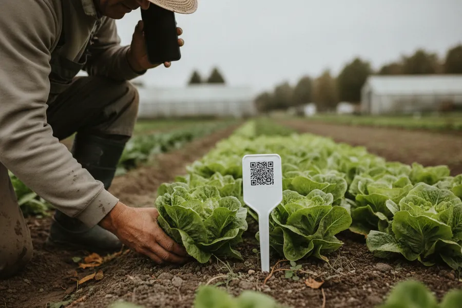 Gärtner kniet am Salatbeet und spricht einen Eintrag ins Smartphone, im Beet ein Stecketikett mit QR-Marke