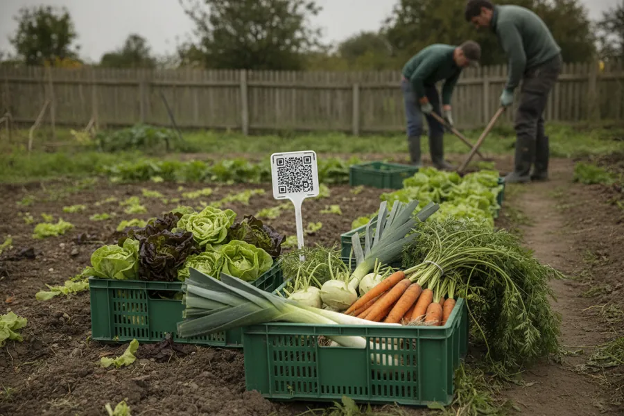 Erntekisten mit Salat, Kohlrabi, Möhren und Lauch am Beetrand, dahinter ein Stecketikett mit QR-Marke