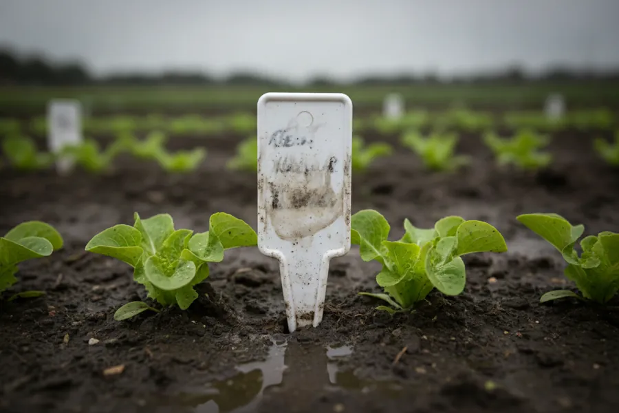 Altes Stecketikett im Beet, die Handschrift vom Regen verwaschen und nicht mehr lesbar