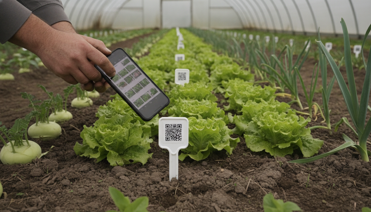Gemüsebeet mit Salat, Kohlrabi und Lauch im Folientunnel, Hand hält ein Smartphone vor ein Stecketikett mit QR-Marke