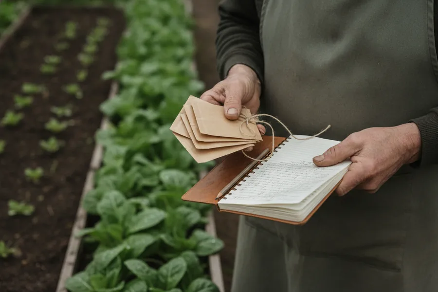 Hände eines Gärtners mit Saatguttüten und einem abgegriffenen Notizbuch am Beet