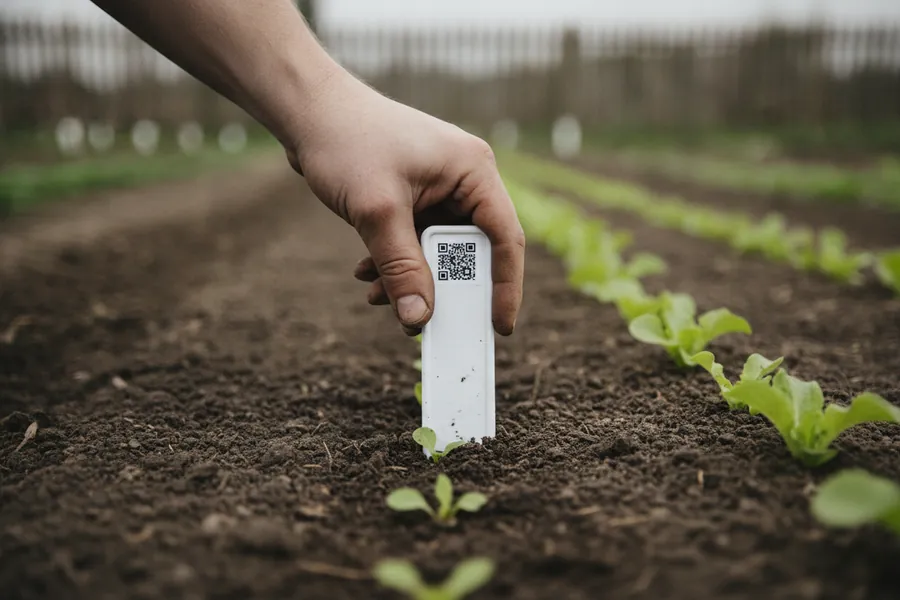 Hand steckt ein Stecketikett mit QR-Marke an den Anfang einer frisch gepflanzten Salatreihe