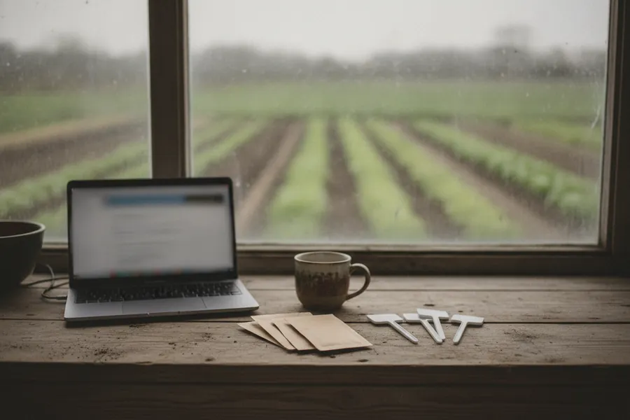 Notebook auf einem Holztisch am Fenster mit Blick auf Gemüsebeete, daneben Saatguttüten und Stecketiketten