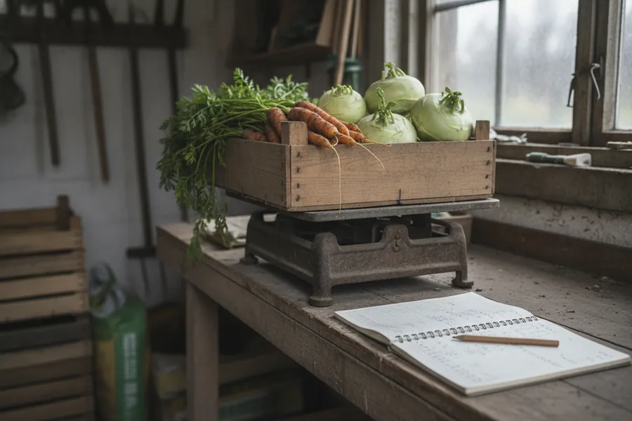 Kiste mit Möhren und Kohlrabi auf einer alten Waage, daneben ein Notizbuch mit Bleistift
