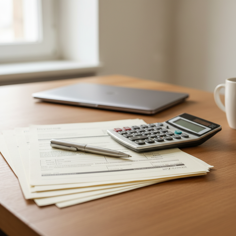 Isometrische Illustration einer Rechnung mit goldenem Siegel auf minimalistischem Schreibtisch