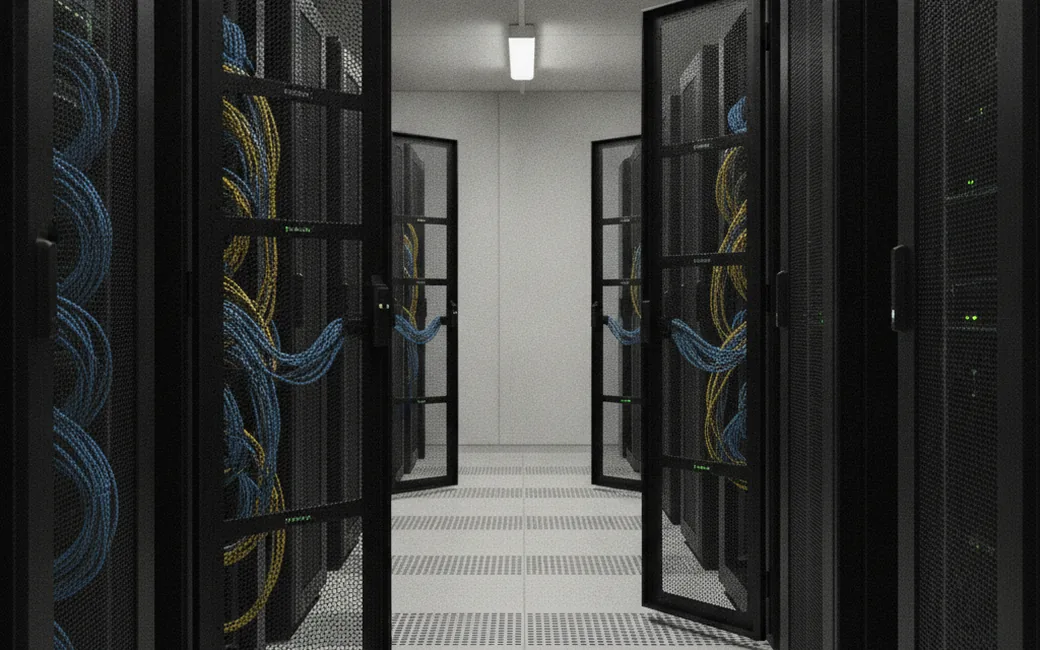 Gang zwischen Serverschränken in einem Rechenzentrum mit geordneten Netzwerkkabeln