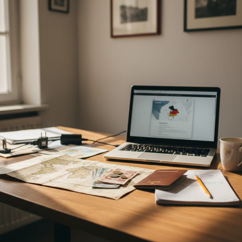 Schreibtisch mit Reisepass und Weltkarte — Reise-Briefing