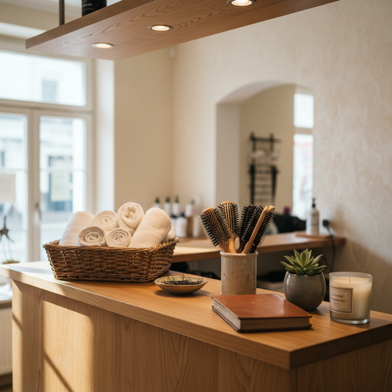 Friseur-Empfangsbereich mit Holz-Tresen, aufgeräumten Bürsten, Kasse, Terminkalender-Buch und warmer Spotbeleuchtung