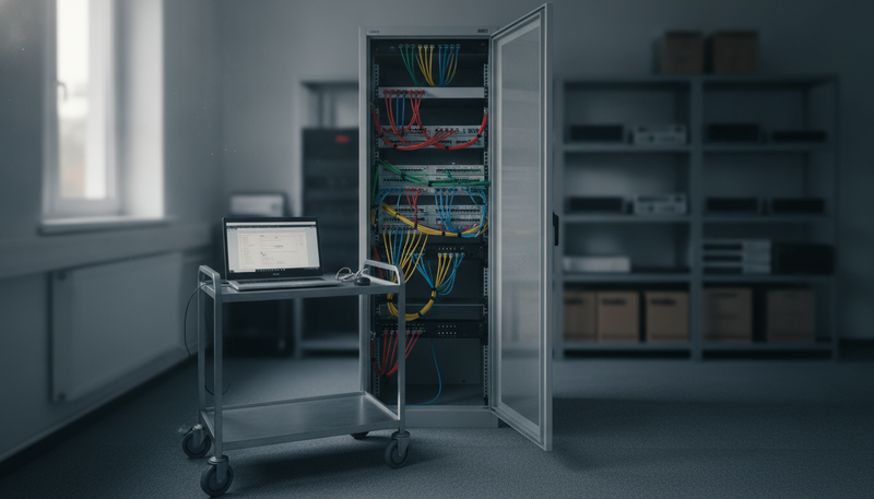 Technikraum mit kleinem Serverschrank und Netzwerkkabeln, davor ein Laptop auf einem Rollwagen
