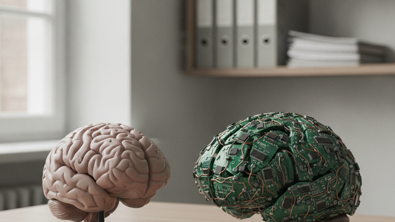 Anatomisches Modell eines menschlichen Gehirns neben einem zweiten Gehirn aus Platinen und Kupferdraht auf einem Schreibtisch