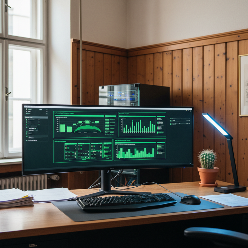 Monitor mit Security-Dashboard und grünen Statusanzeigen