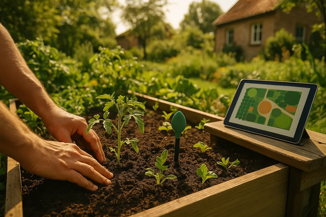 Hände beim Pflanzen junger Tomaten in Hochbeet, Bodenfeuchte-Sensor und Tablet auf Bank