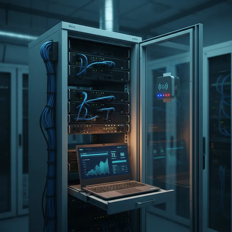 Serverschrank mit Sensor-Modul an der Tür und Laptop mit Temperatur-Dashboard
