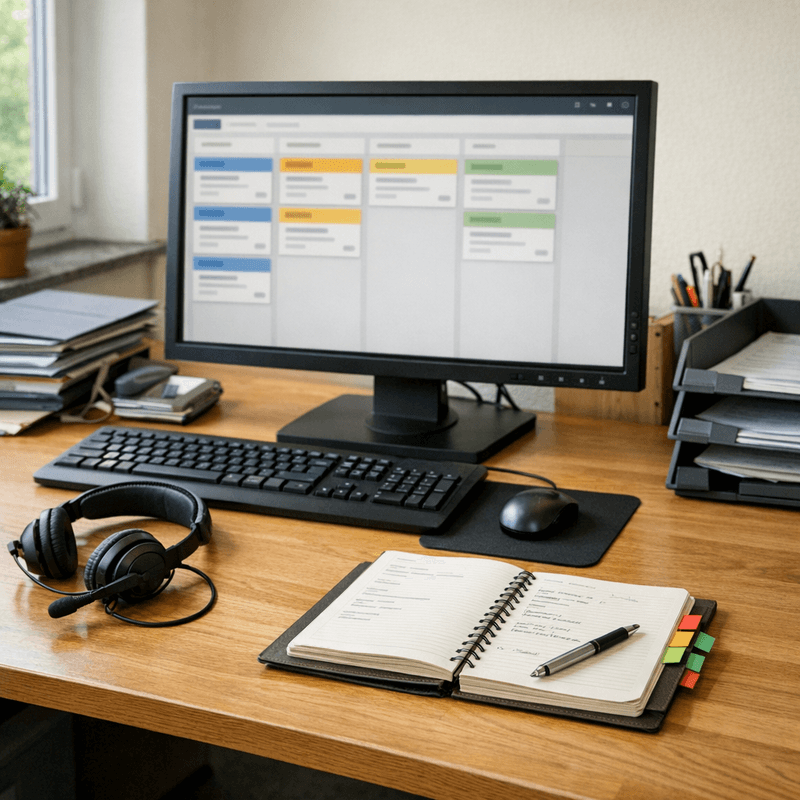 Dokumentarische Support-Szene mit Ticketboard, E-Mail-Eingang und einem geordneten Helpdesk-Arbeitsplatz