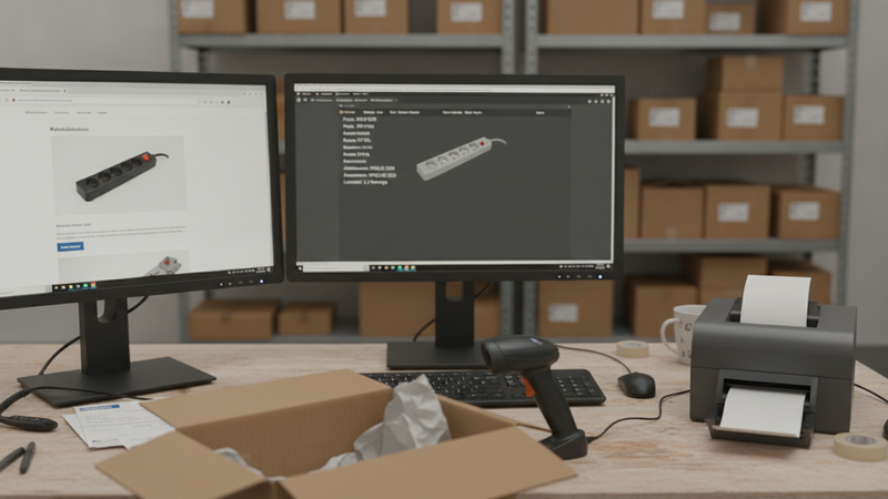 Versandarbeitsplatz eines Online-Händlers: links ein Bildschirm mit der Produktseite eines Artikels, rechts derselbe Artikel als strukturierter Datensatz mit Preis, Lagerbestand und Artikelnummer, davor Paket, Scanner und Etikettendrucker