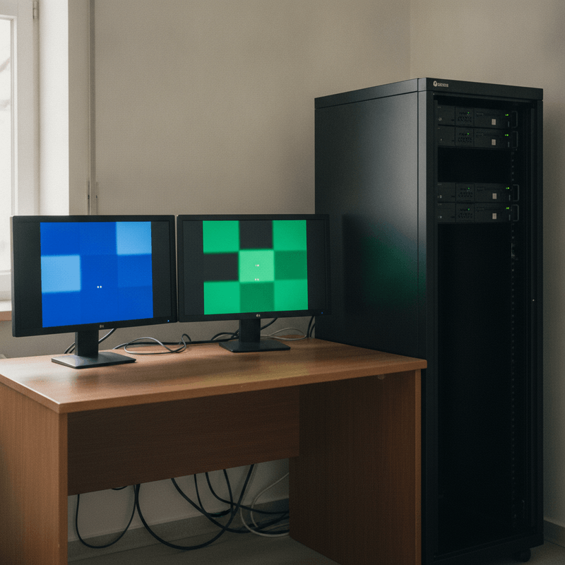 Technischer Arbeitsplatz mit zwei unbeschrifteten Shop-Systemen auf Monitoren und einem Serverrack im Hintergrund