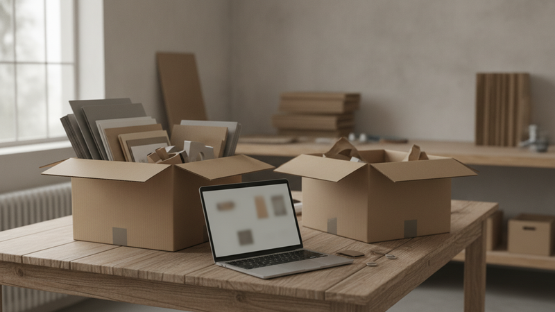 Zwei offene Umzugskartons auf einem Packtisch in einem kleinen Shop-Lager, einer voll mit Mappen und Mustern, daneben ein Laptop