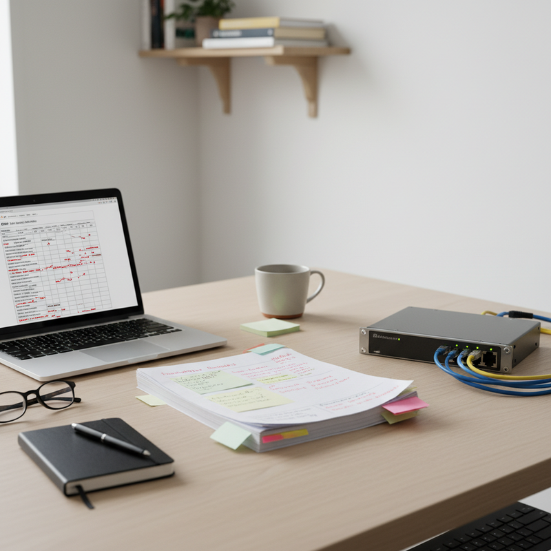 Schreibtisch mit zwei Monitoren, links ein Terminal mit Scan-Ausgabe, rechts ein Browser mit Sicherheits-Bericht