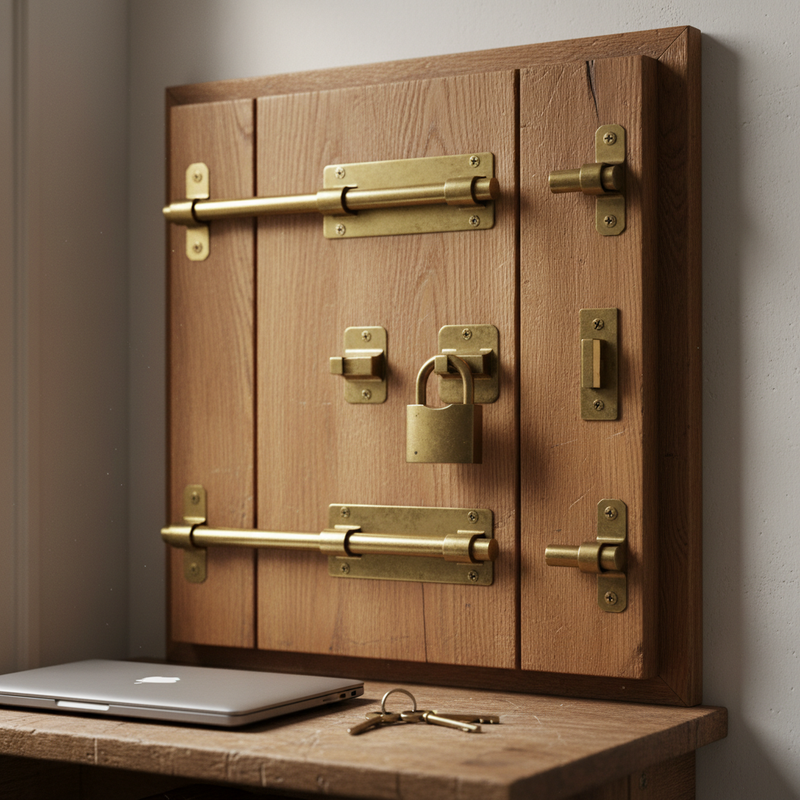 Massive Holztür mit mehreren Messing-Riegeln und Vorhängeschloss, Schlüsselbund davor — Sinnbild für mehrschichtige Absicherung