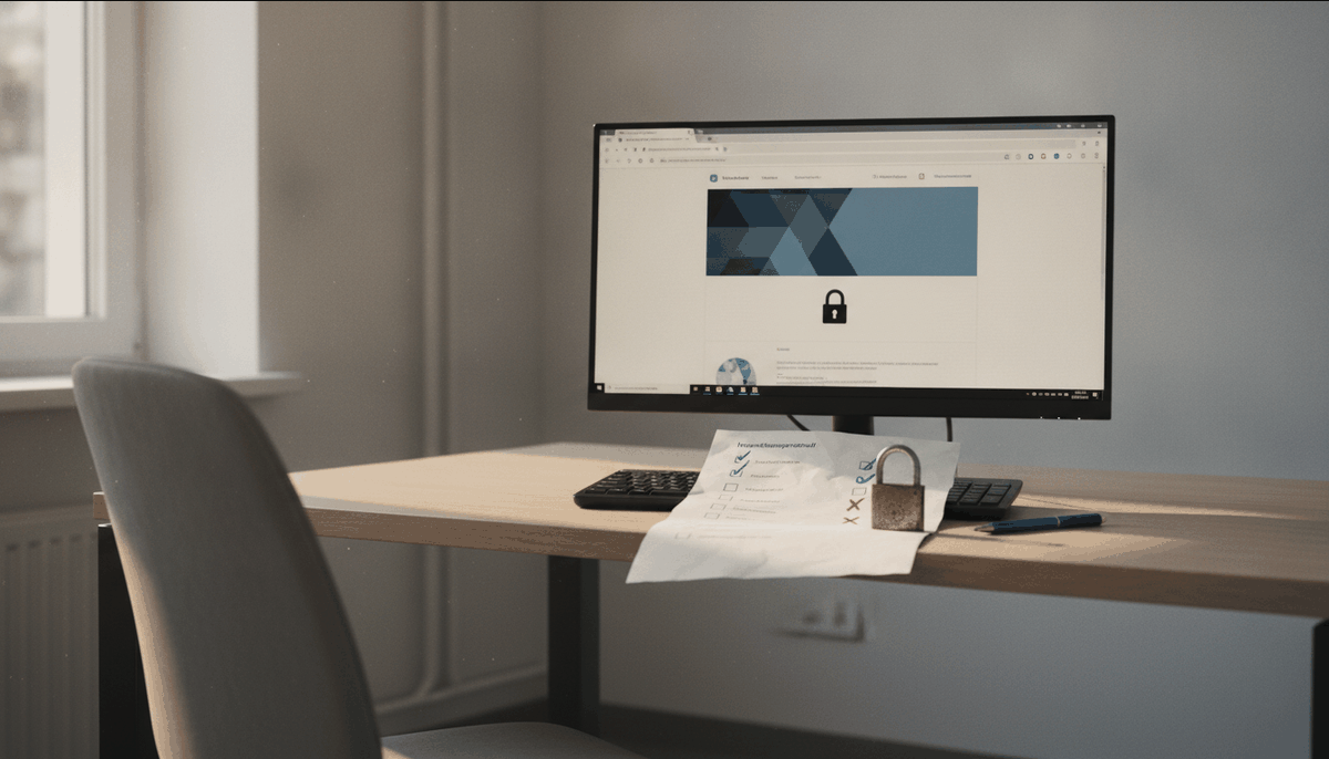 Monitor mit Firmenwebsite und Schloss-Symbol in der Adressleiste, davor ein ausgedrucktes Prüfprotokoll mit grünen Haken und roten Kreuzen sowie ein Vorhängeschloss auf der Tastatur