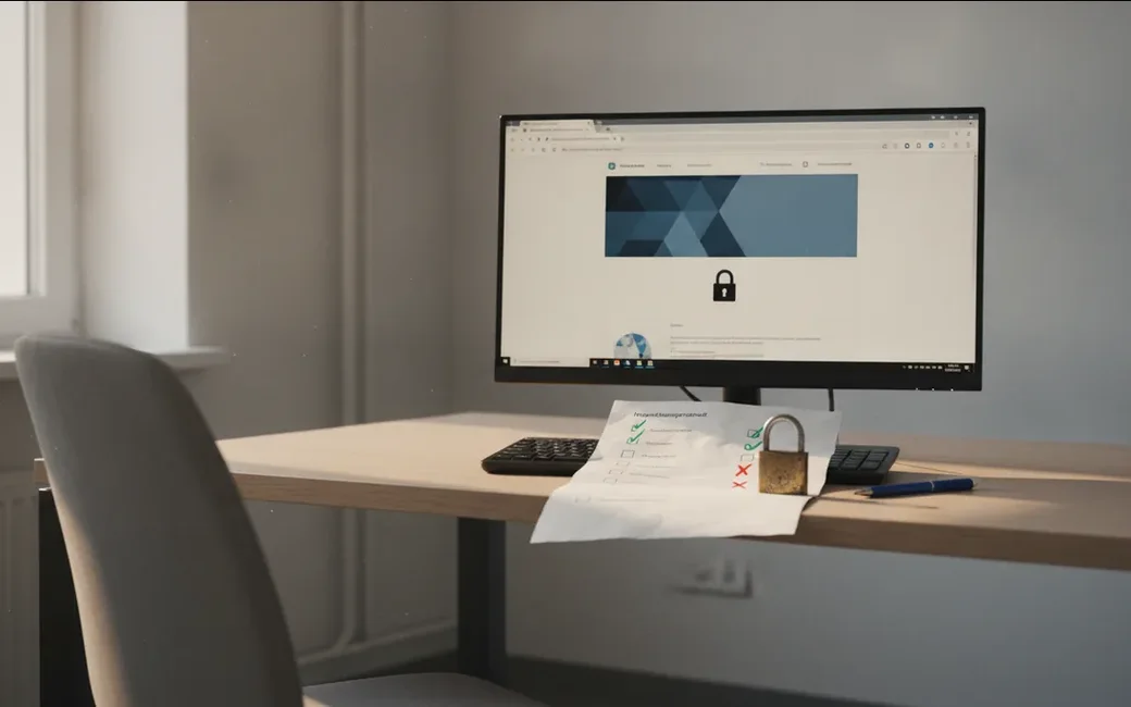 Monitor mit Schloss-Symbol, Prüfprotokoll und Vorhängeschloss auf einem Schreibtisch