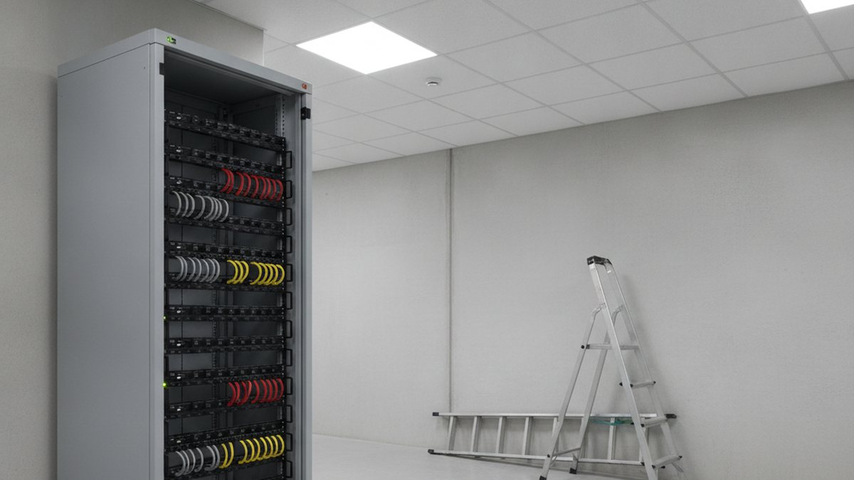 Einzelner Serverschrank mit geordneter Verkabelung in einem schlichten Technikraum