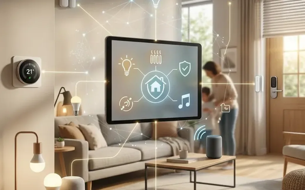 Wohnraum mit vernetzter Haustechnik und zentralem Bedienfeld an der Wand