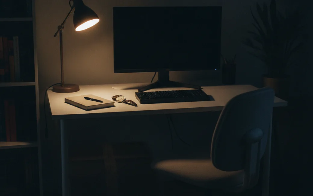 Dunkler Schreibtisch bei Nacht mit eingeschalteter Lampe und ruhendem Bildschirm