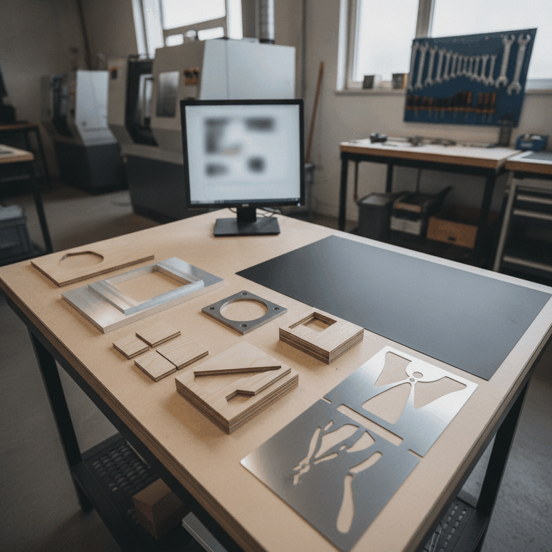 Arbeitsplatz am Rand einer Fertigung mit einem Monitor und gefertigten Teilen aus Aluminium, Sperrholz, Klebefolie und Edelstahl nebeneinander auf dem Tisch