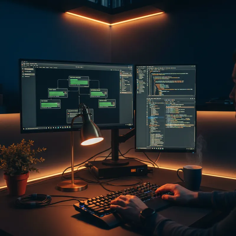 IT-Arbeitsplatz abends mit Monitoren, die Server-Status und Log-Dateien anzeigen