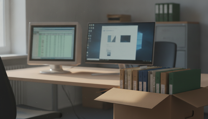 Büro mit altem und neuem Bildschirm nebeneinander und einem Umzugskarton mit Aktenordnern