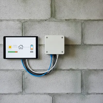 Energiemanager-Box an der Wand mit Tablet, das den Energiefluss zwischen Sonne, Haus, Speicher und Auto zeigt