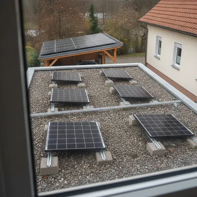 Flachdach einer Garage mit aufgeständerten Photovoltaik-Modulen auf Betonballast, dahinter Carport mit Modulen