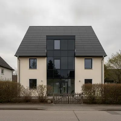 Wohnhaus mit flächenbündig ins Dach integrierten Photovoltaik-Modulen und Solarglas an der Fassade