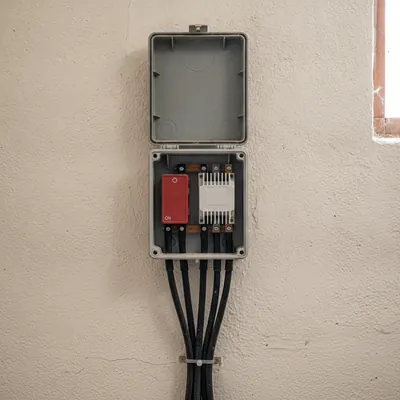 Geöffneter Generatoranschlusskasten an einer Kellerwand mit Solarkabeln, Überspannungsschutz und Trennschalter