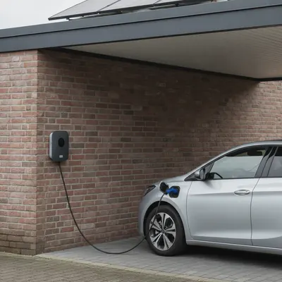 Wallbox an der Klinkerwand eines Carports, Elektroauto beim Laden, Solarmodule auf dem Carportdach