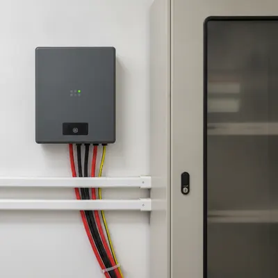 Hybrid-Wechselrichter an einer weißen Hauswirtschaftsraum-Wand neben dem Zählerschrank