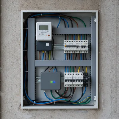 Geöffneter Zählerschrank mit digitalem Zweirichtungszähler und Smart-Meter-Gateway