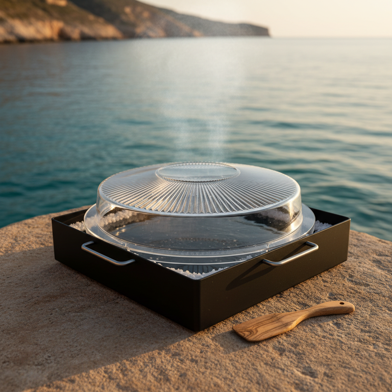 solsalino© Konzept-Visualisierung: Solar-Salzpfanne mit transparenter Fresnel-Kuppel auf mediterranen Klippen, Meer im Hintergrund
