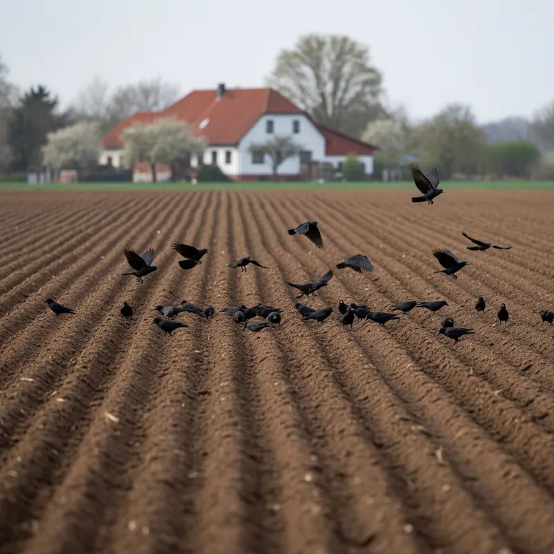 Krähen-Schwarm pickt auf frisch gepflügtem Acker mit Saatreihen