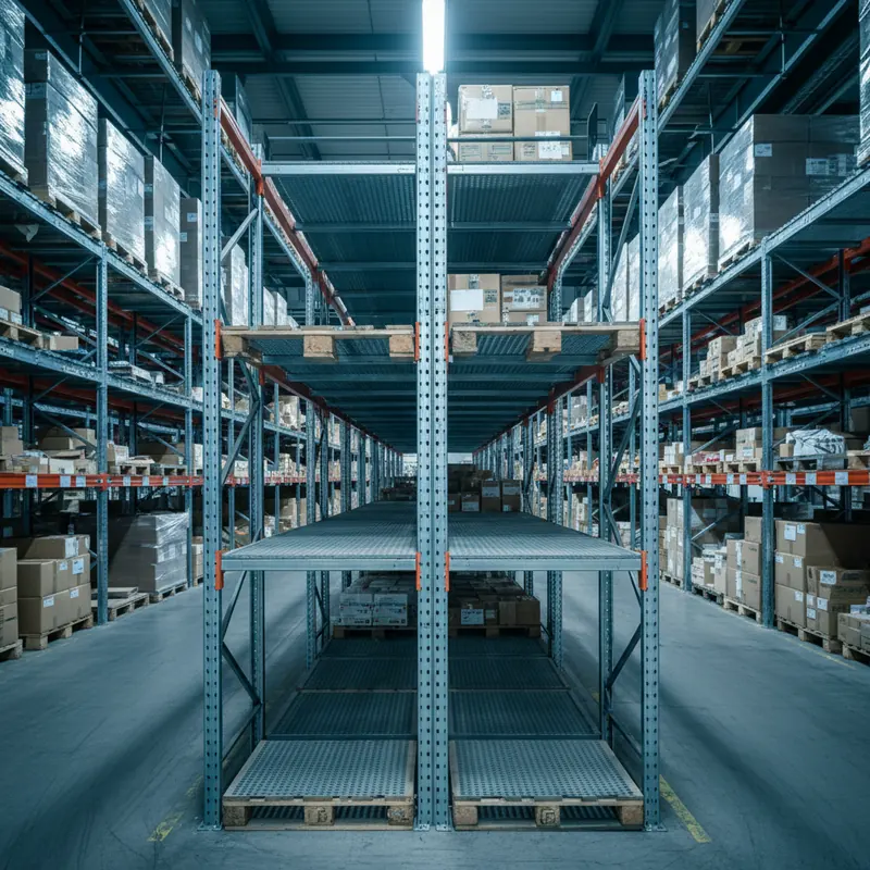 Lager-Gang mit Pallet-Regalen, ein Regalfach offensichtlich leer