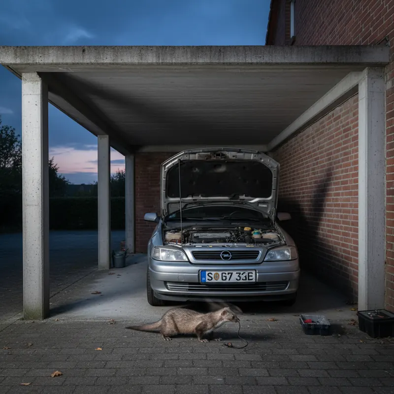 Steinmarder am Motorraum eines parkenden Autos im Carport