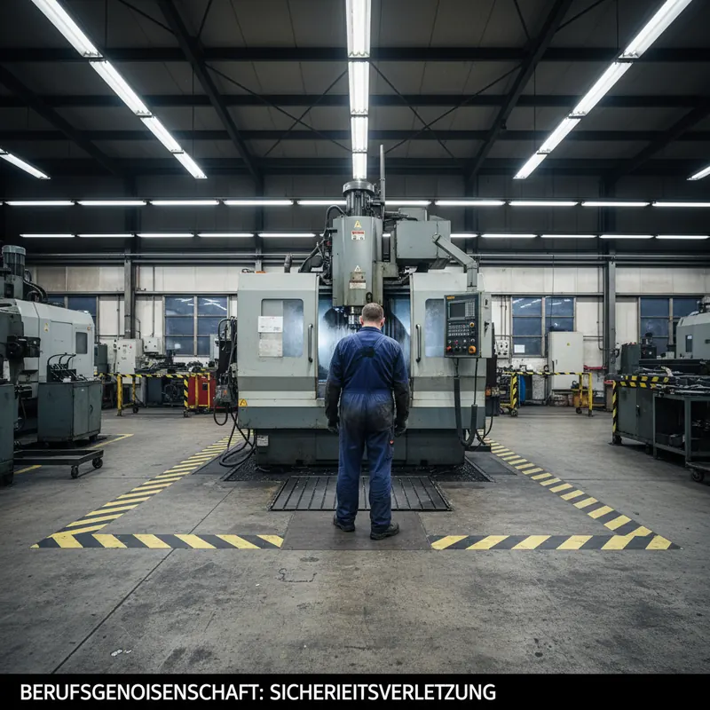 Industrie-Halle mit gelb-schwarzer Sicherheits-Zone, Person überschreitet die Linie