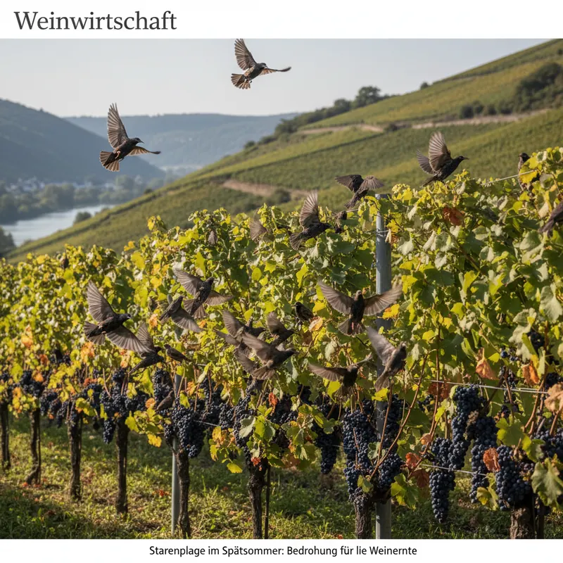 Star-Schwarm fliegt über Mosel-Weinberg mit reifen Trauben