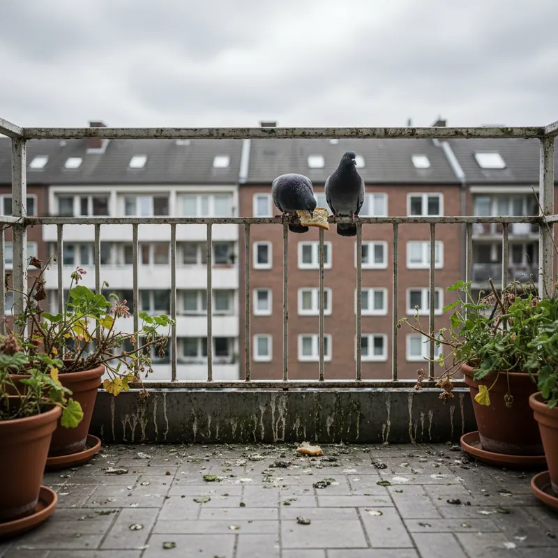 Tauben auf einem Berliner Mietshaus-Balkon mit Kotspuren
