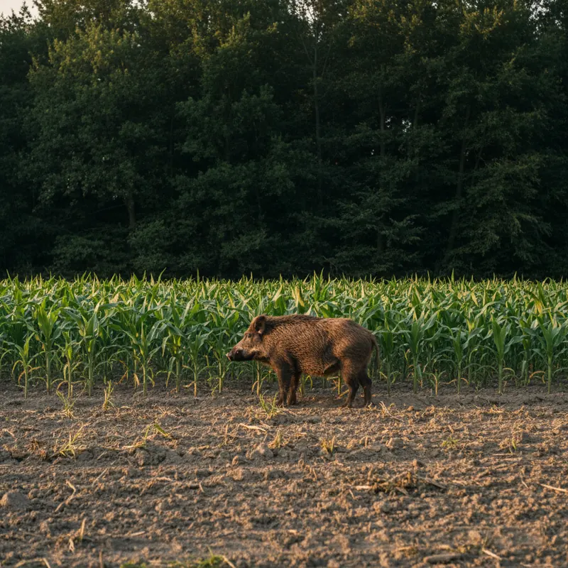 Wildschwein am Rand eines Maisfeldes in der Abenddämmerung