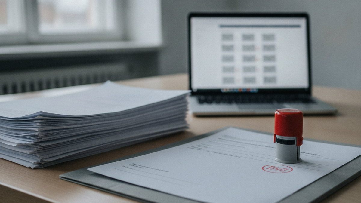 Schreibtisch mit einem hohen Stapel ausgedruckter Schreiben, einem Widerspruchsformular mit rotem Stempel und einem Laptop mit übervollem Posteingang im Hintergrund