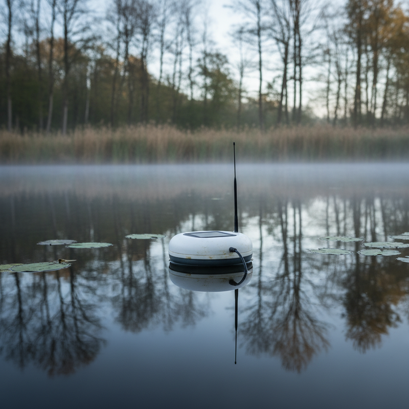 Solarbetriebene schwimmende Sensor-Boje auf einem ruhigen Vereinsteich in Westfalen im Morgennebel